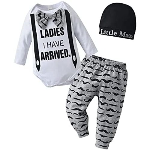 KuKitty Newborn Infant Baby Boy Clothes Long Sleeve Romper + Pants + Hat 3PCS Outfits Set