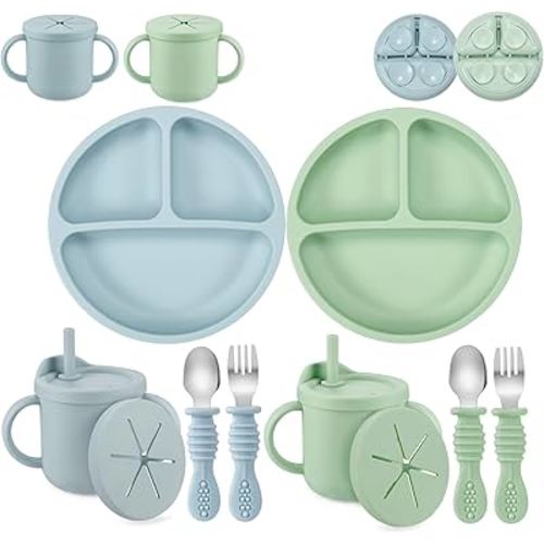 PandaEar Silicone Baby Feeding Set| 2 Pack Silicone Divided Suction Plate and 2 Pack Tiny Cup with 2 Spoons 2 Forks| Baby Led Weaning Supplies Self Feeding Eating Utensils (Light Blue/Light Green)