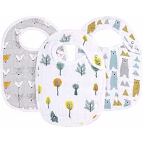 Snap Muslin Bibs for Boys & Girls, 3-Pack Baby Bibs for Infants, Newborns and Toddlers, 100% Cotton Muslin Absorbent & Soft Layers, Adjustable Snaps, “Bear,Hedgehog,Tree”