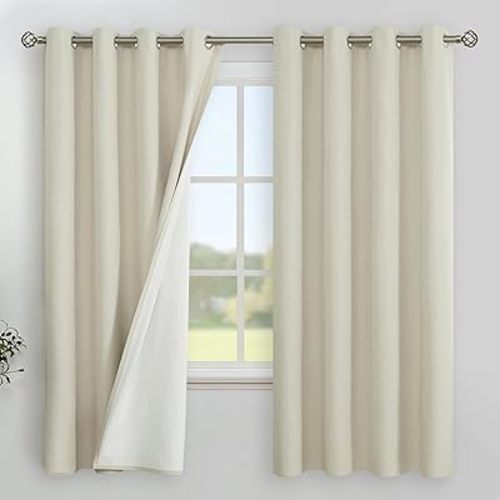 YoungsTex Light Oatmeal Blackout Curtains 63 Inches Length for Bedroom, Linen Thermal Insulated with Grommet Thick Boho Darkening Window Treatments for Living Room, 2 Panels, 52 X 63 Inch