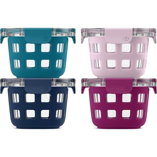 Ello Duraglass 4-Pack 2 Cup Reusable Glass Container Jar with Leak Proof Lids and Protective Silicone Sleeves | Perfect for Overnight Oats, Yogurt | BPA-Free | Dishwasher Safe | Evening Orchard