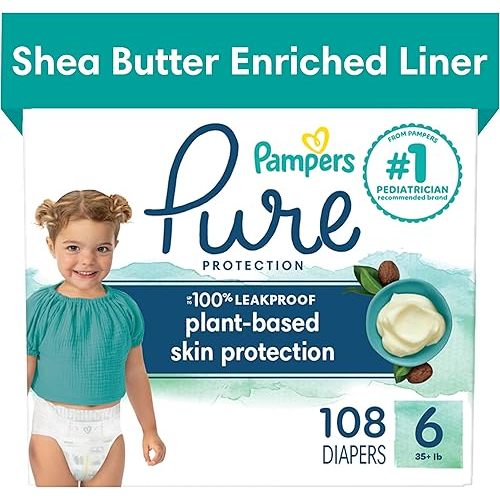 Pampers Pure Protection Diapers - Size 6, One Month Supply (108 Count), Hypoallergenic Premium Disposable Baby Diapers