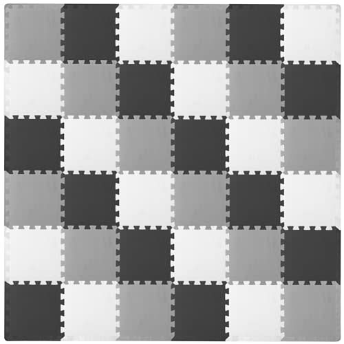ProSource Foam Puzzle Floor Play Mat for Kids and Babies with Solid Colors, 36 or 16 Interlocking Tiles with Borders, White/Grey/Beige