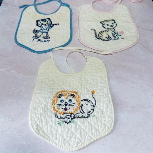 Vintage Set of 3 Quilted Hand Embroidered Baby Bibs, Tiger, Cat, Lion , Keepsake, Collectible