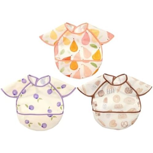 Feeding Bibs for Baby,3 Pack-Waterproof & Easy Clean Feeding Bibs for Toddlers & Infant,Reversible Pockets