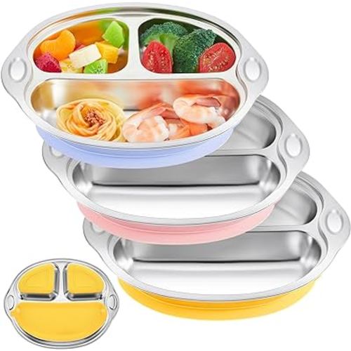 Hushee 3 Pcs Stainless Steel Suction Plates for Baby Divided Plates for Babies 3 Colors Toddler Baby Plates with Suction for Kids Feeding Supplies, Dishwasher Safe, 9.8 x 7.9 Inches