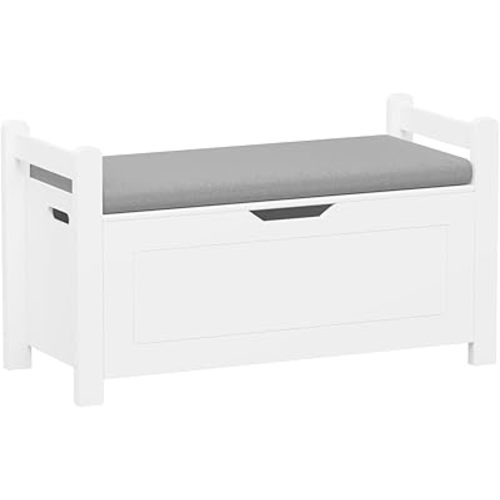 Wooden Toy Box with Cushion Seat, Kids Toy Chest with Flip-Top and Safety Hinge, Toy Storage Organizer Trunk for Nursery, Playroom, White