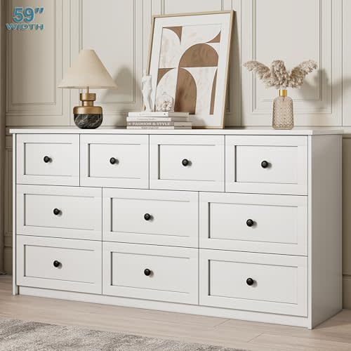 ROMMAK Dresser for Bedroom, 10 Storage Drawers, 59.1" Wide White Wood Large Dressers & Chest, TV Stand for 65 inch, Storage Organizer Furniture, Hallway, Entryway, Closet
