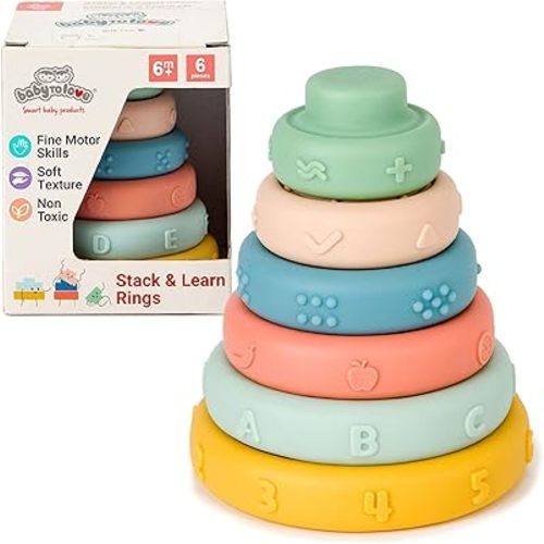 BabyToLove Stack & Learn Rings | Montessori Stacking Toy for Babies | 6 Soft Sensory Baby Rings for Learning & Development | Early Childhood Stacking Toy | Fun Shapes