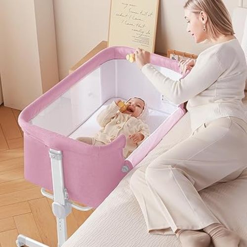 Larex Baby Bassinet, 3 in 1 Bassinets Bedside Sleeper for Newborn, Portable Crib Adjustable 7 Height Bedside Bassinet with Mattress and Wheels Pink
