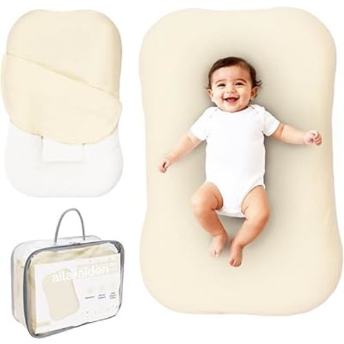 Aila + Aiden Baby Lounger | Organic Cotton Infant Lounger | Adjustable & Portable Floor Lounger |Supervised Use | Soft, Breathable, Washable Cover - Snuggle Collection - (Cream)