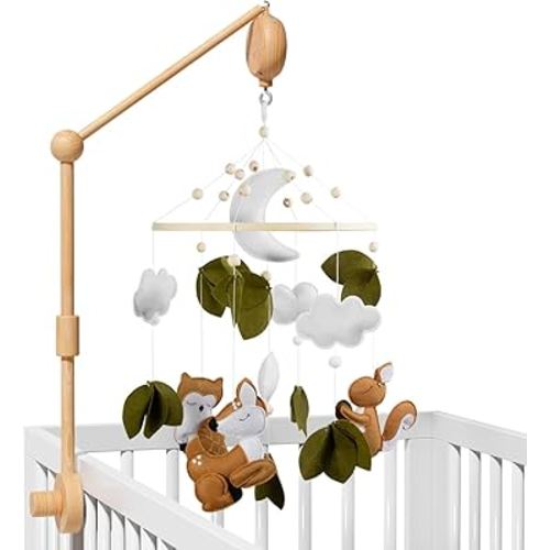 FEISIKE Woodland Animals Theme Bassinet Baby Nursery Mobiles with Modes Digital Music Box 3In1 Set-34 Inch Wooden Mobile Arm for Crib Mobile Hanger for Crib Baby Nursery Decor
