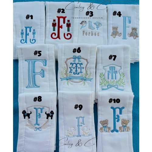 Embroidered burp cloths for boys, embroidered burp cloths, baby embroidery, baby boy essentials, embroidered monogram burp cloths