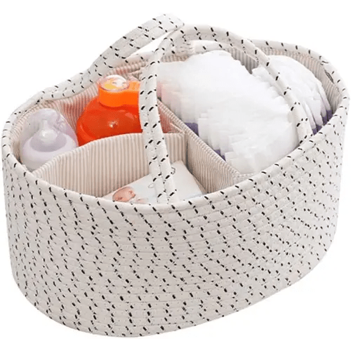 Portable Nursery Basket Woven Diaper Caddy With Detachable Compartments Cotton Rope Basket Portable Car Storage Organizer Changing Table Basket