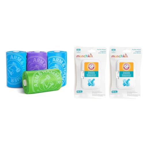 Munchkin® Arm & Hammer Diaper Bag Refills, 4 Pack, 48 Bags & Arm & Hammer Pacifier Wipes - Safely Cleans Baby and Toddler Essentials, 2 Pack, 72 Wipes
