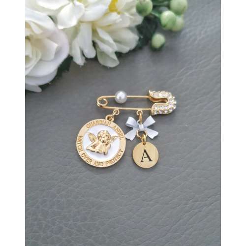 Guardian Angel Pin, Gold Watch Over and Protect Baby Brooch, Custom Boy Girl Christening Gifts, Child Keepsake
