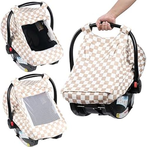 Summer Muslin Car Seat Cover for Baby – Breathable & Privacy Canopy with Large Mesh Window,3 Adjustable Modes,Easy Install Universal Fit for Infant Car Seats (Khaki Checkered)