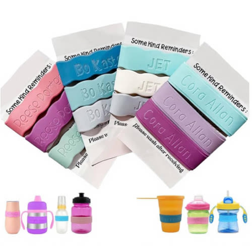 3 Piece Personalized Baby Bottle Labels for Daycare School Summer Camp Customized Children's Water Bottle Name Bands Custom Engraved Reusable Silicone Cup Bands Labels