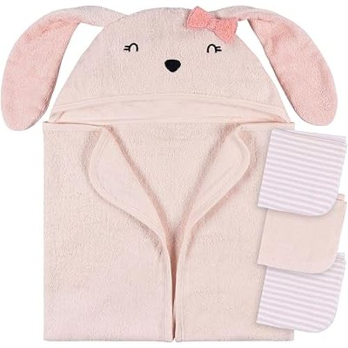 Gerber Baby 4 Piece Animal Character Hooded Towel and Washcloth Set, Pink Bunny, One Size
