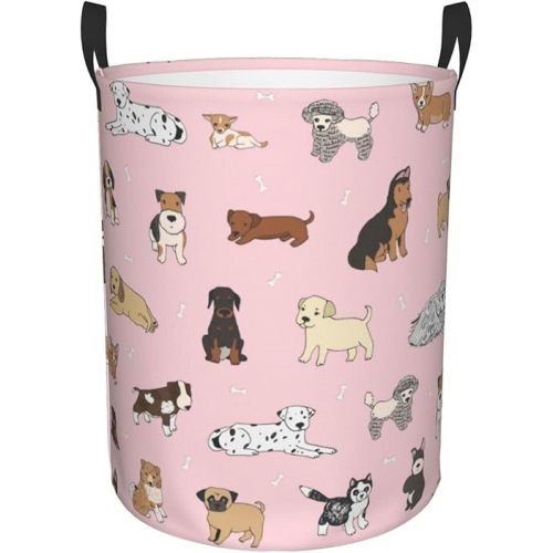 Cute Dogs Pink Round Laundry Hamper Storage Basket Toys Clothes Organizer Bin For Home Bathroom Bedroom Dorm Nursery, 38l