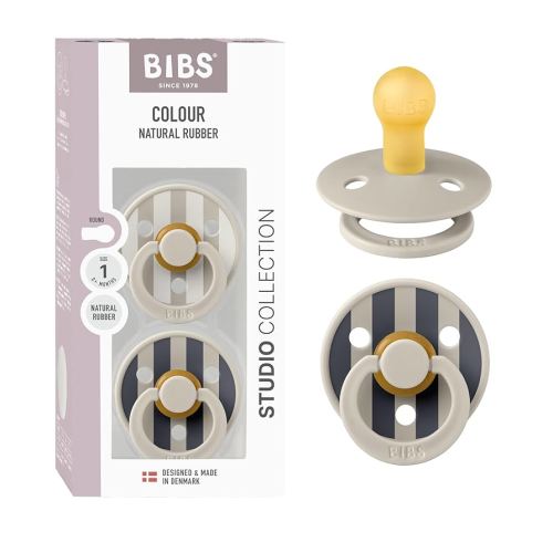 BIBS Pacifiers - Colour Studio 2 Pack | Round Nipple Baby Pacifier | BPA Free Natural Rubber Latex Soother | Made in Denmark | Size 0+ Months | Block Sand
