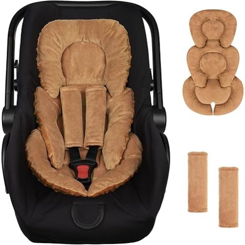 GFU Infant Car Seat Insert Head and Body Support, Reversible Newborn Insert for Carseat with Strap Pads, Soft Stroller Cushion Pillow Insert for Boys and Girls, Fits for Stroller, Swing, Brown