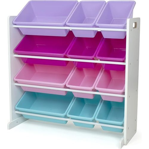 Humble Crew Kids Toy Storage Organizer with 12 Plastic Bins, White/Pink/Purple/Turquoise – Removable Bins for Playroom, Bedroom, Toddler Furniture for Boys and Girls Ages