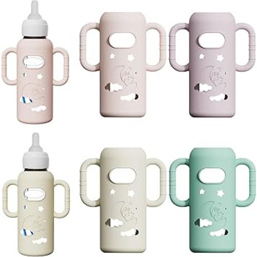 4 Pack Silicone Sleeves for Dr. Brown's Glass Baby Bottles - Drop Protection Baby Bottle Sleeves,Compatible with Dr. Brown's Newborn Glass Bottles,with Silicone Handles,8 oz