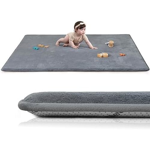 Baby Play Mat for Floor,1.3" Thick Elasti-Foam 50"×74" Playpen Mat for Tummy Time,Water Repellent Soft Coral Velvet for Toddler,Infant,Kids,Non-Slip Backing Safe for Crawling(Dark Grey)