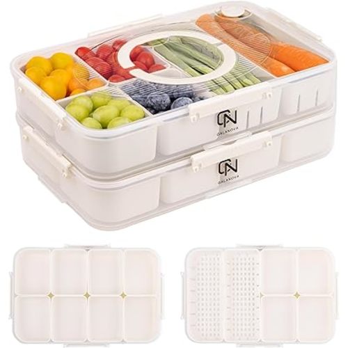 Stackable Snackle Box Container with 2 Lids - 14 Compartment BPA-Free Snackle box Organizer, Dishwasher & Microwave Safe Reusable Snacklebox for Veggies, Fruits, Charcuterie, and Snacks, 2Pack