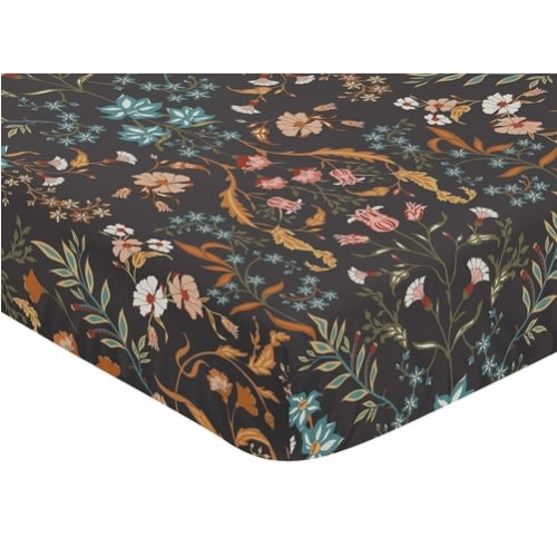 Boho Floral Wildflower Black and Orange Crib Sheet
