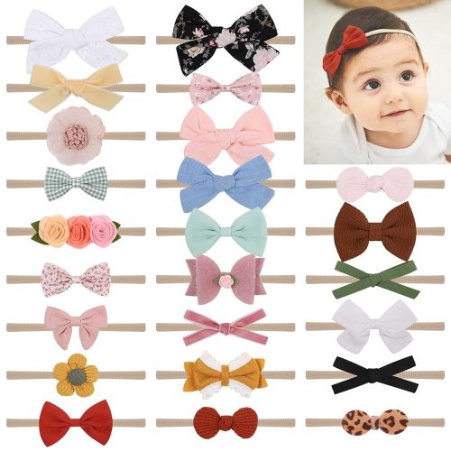 doboi Baby Girl Headbands 24PCS Nylon Linen Handmade Hairbands with Hair Bows and Accessories for Newborns, Infants, Toddlers, and Little Kids