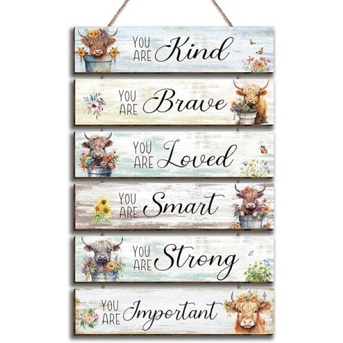 6 Pieces Inspirational Highland Cow Decor Wall Art Highland Cow Wooden Rustic Farmhouse Wall Art Painting Loved Brave Kind Enough Positive Quotes Highland Cow Decor for Bathroom Bedroom Living Room