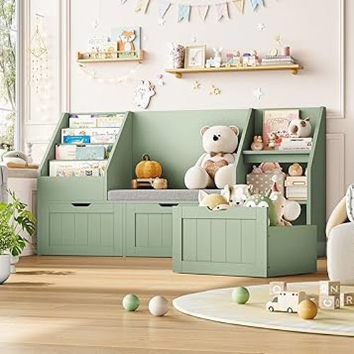 FOTOSOK 55.1’’ Kids Bookshelf with Reading Nook, Toy Storage Organizer with Seat Cushion and 3 Movable Drawers, Kids Reading Nook Toy Organizers and Storage with Bench for Playroom, Bedroom, Green