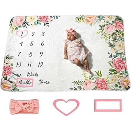Baby Milestone Blanket for Baby Girl - Monthly and Year Age Blankets with Number Chart - Growth Chart - Including Headband and Frames - Blanket Size 60"x40" - Floral Theme