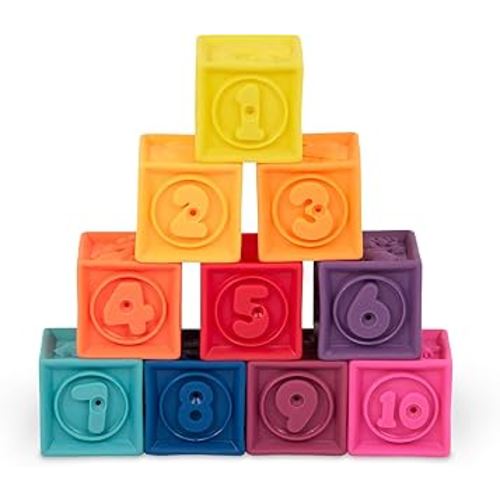 B. toys – Baby Blocks – Stacking & Building Toys for Babies – 10 Soft & Educational Blocks – Numbers, Shapes, Colors, Animals – One Two Squeeze – 6+ Months