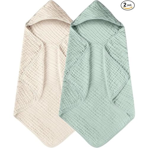Yoofoss Hooded Baby Towels for Newborn 2 Pack 100% Muslin Cotton Baby Bath Towel with Hood for Babies, Infant, Toddler and Kids, Large 32x32Inch, Soft and Absorbent Newborn Essential
