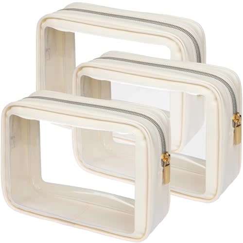 PACKISM TSA Approved Toiletry Bag - Amazing Color-Edged Clear Makeup Bag, 3 Pack in Spacious Space, Reusable Clear Toiletry Bags with Great Value, Beige