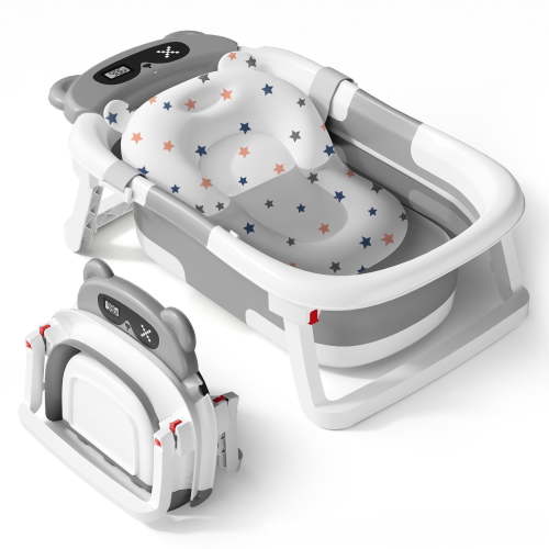 Babyomi Baby Bathtub with Durable Bath Tub and Cute Bear Thermometer, Soft Detachable Cushion No-Slip Hanging and Shower Hat, Foldable Bathtub for Newborn to Toddler, Grey