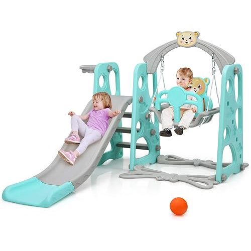 Costzon 4 in 1 Toddler Slide and Swing Set, Kids Play Climber Slide Playset with Safety Belt, Basketball Hoop, Slide and Ball, Baby Swing Toddler Slide Set for Indoor Outdoor Backyard (Green Bear)