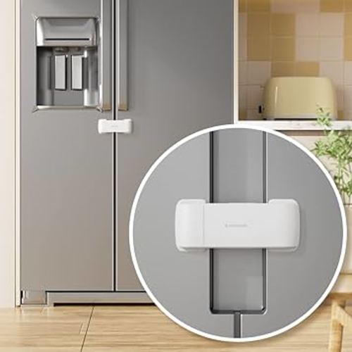 EUDEMON Updated French Fridge Lock French Door Refrigerator/Freezer Lock Apply to Max 2.28"(58mm) Two Door Gap Distance,Cabinet Cupboard Lock for Kids & Babies,Easy to Install(1Pack,White)
