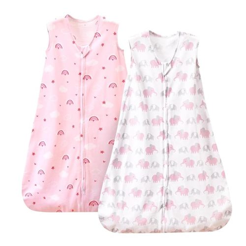 Cotton Baby Sleep Sack, 6-12 Months, 2-Way Zipper, Medium Size, Rainbow & Pink Elephant