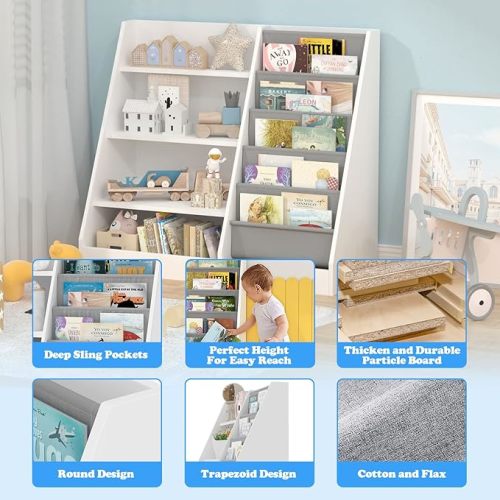 4 Tier Kids Wooden Bookshelf, 5 Layer Sling Toddler Bookcase,Baby Storage Book Rack,Book and Toy Organizer Cabinet,Children Book Display,Playroom Nursery Classroom Kid Room - White