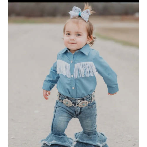 Denim fringe baby pearl snap