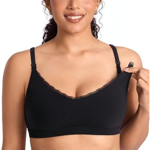 MOMANDA Lace Cotton Nursing Bras for Breastfeeding V Neck Wireless Nursing Sleep Bralettes Ultra Soft