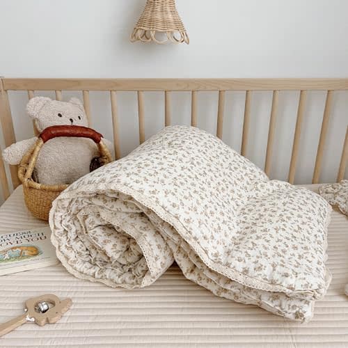 BuLuTu Carmine Flower Blanket for Girls Boys Muslin Cotton Toddler Quilt Kid Bed Soft Toddler Blankets Child Teen Bedding Decor Birthday Gifts, Camellia Pattern, 47x59 Inches