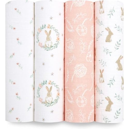 aden + anais Essentials Muslin Swaddle Blankets for Baby Girls and Boys, Newborn Receiving Blanket for Swaddling, 100% Cotton Baby Swaddle Wrap, 4 Pack, Blushing Bunnies
