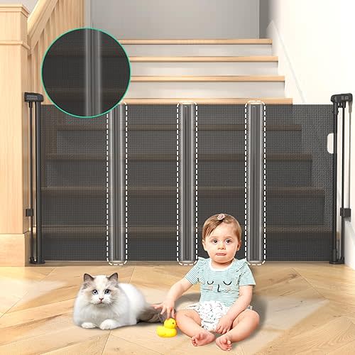 Retractable Baby Gates with Reinforced Strips, 33”*55” One-Side Operation Mesh Baby/Dog/Pet/Cat Gate, Child Safety Retracable Gate with 2 Avoid Skirting Board for Doorways Indoor/Outdoor,Black