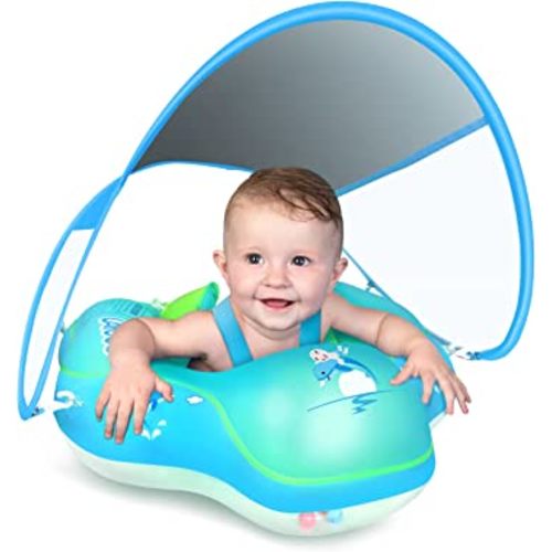 LAYCOL Baby Swimming Float Inflatable Baby Pool Float Ring Newest with Sun Protection Canopy,add Tail no flip Over for Age of 3-36 Months