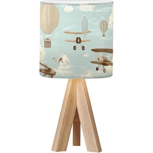 Tripod Bedside Desk Table Lamp Hot air Balloons biplanes Child Room Wood Nightstand Lamp with Linen Fabric Shade for Nursery Bedroom Living Room Kids Room